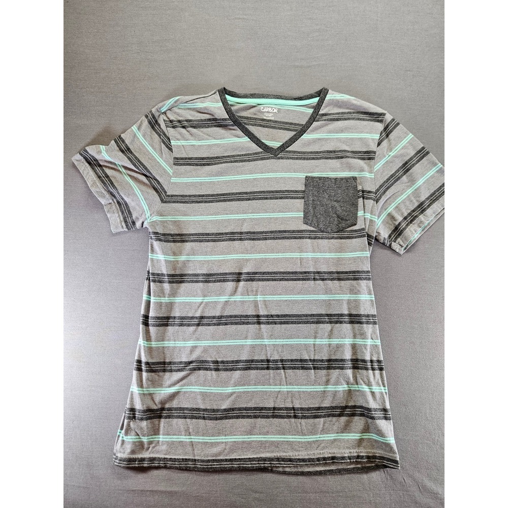 Carbon Mens V-Neck T-Shirt Gray Mint Green Striped Pocket Tee XXL